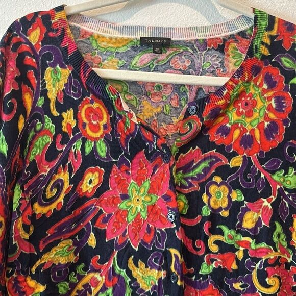 Talbots Floral Colorful Button Fall Cardigan Psychedelic Preppy Size Medium​ - Picture 2 of 9